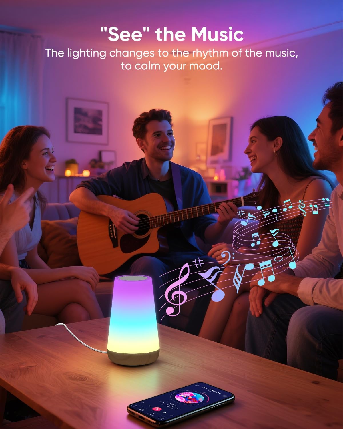 Smart Table Lamp, Dimmable Nursery Night Light with App/Voice Control Compatible with Alexa, Led Desk Lamp with 32 Modes 2700-6500k & Music Sync, Bedside Lamp for Kids with Timer