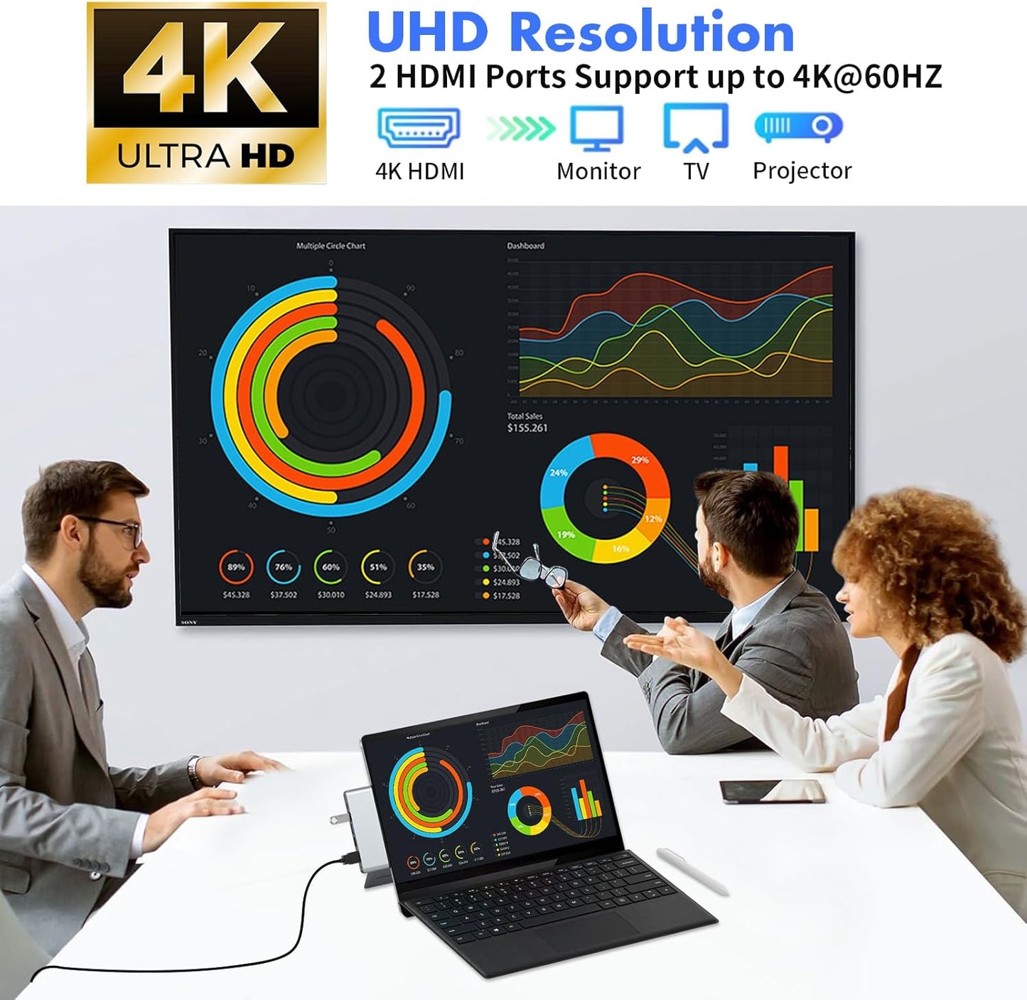 Surface Pro 11 Accessories Docking Station with Dual 4K@60Hz HDMI, USB-C Thunerbolt 4 (Display+Data+100W Charging), 2 USB 3.0, SD/TF, 3.5mm Mic, USB C Hub Adapter for Surface Pro 11/10/9/X