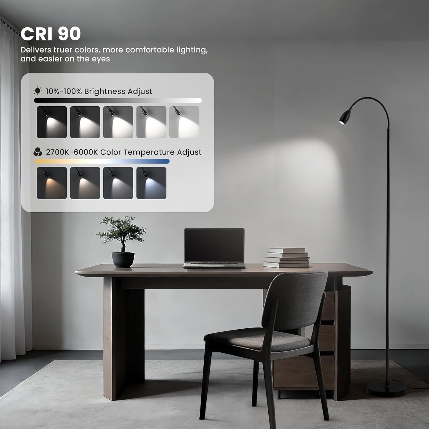 Reading Floor Lamp, Dimmable LED Floor Lamp with Remote, Standing Lamp with Flexible Gooseneck, Zoomable Spotlight, Reading Light, Task Crafting Tall Lamps for Living Room Office Bedroom