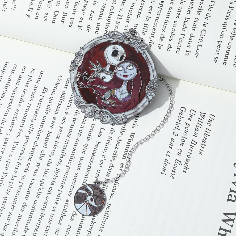 Gothic Christmas Metal Bookmark - Jack & Sally Couple & Silver Chain CharmVintage Engraved Book Accessory for Dark Holiday Lovers, Timeless Macabre Jewelry Gift (Red & Black)