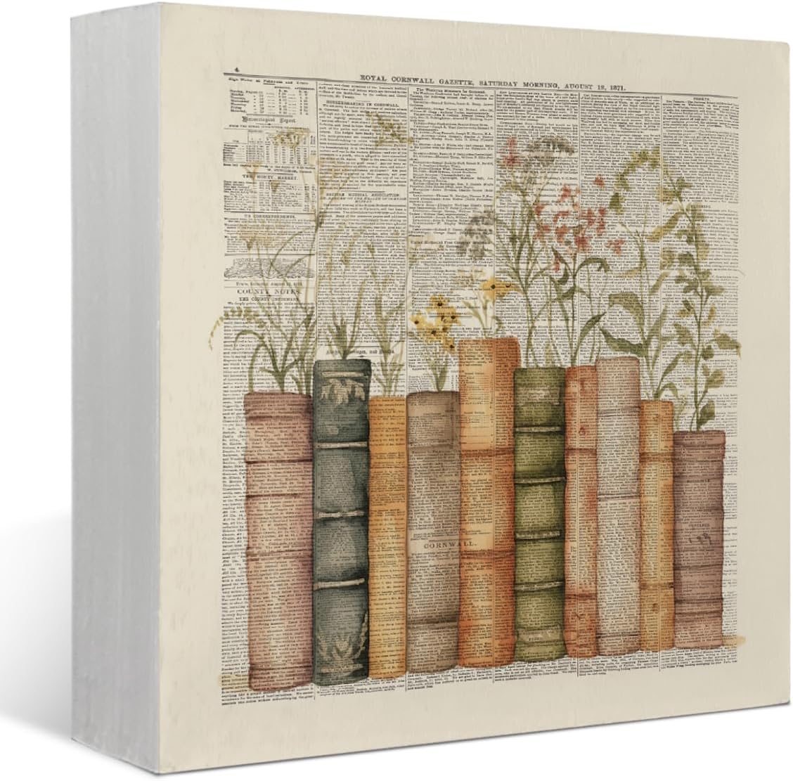 Vintage Book Reading Wooden Box Sign,Retro Floral Book Wall Wooden Decor,Reading Conner Decor for Classroom, Reading Nook Decor, Bookshelf Decor, Library Decor, 5x5