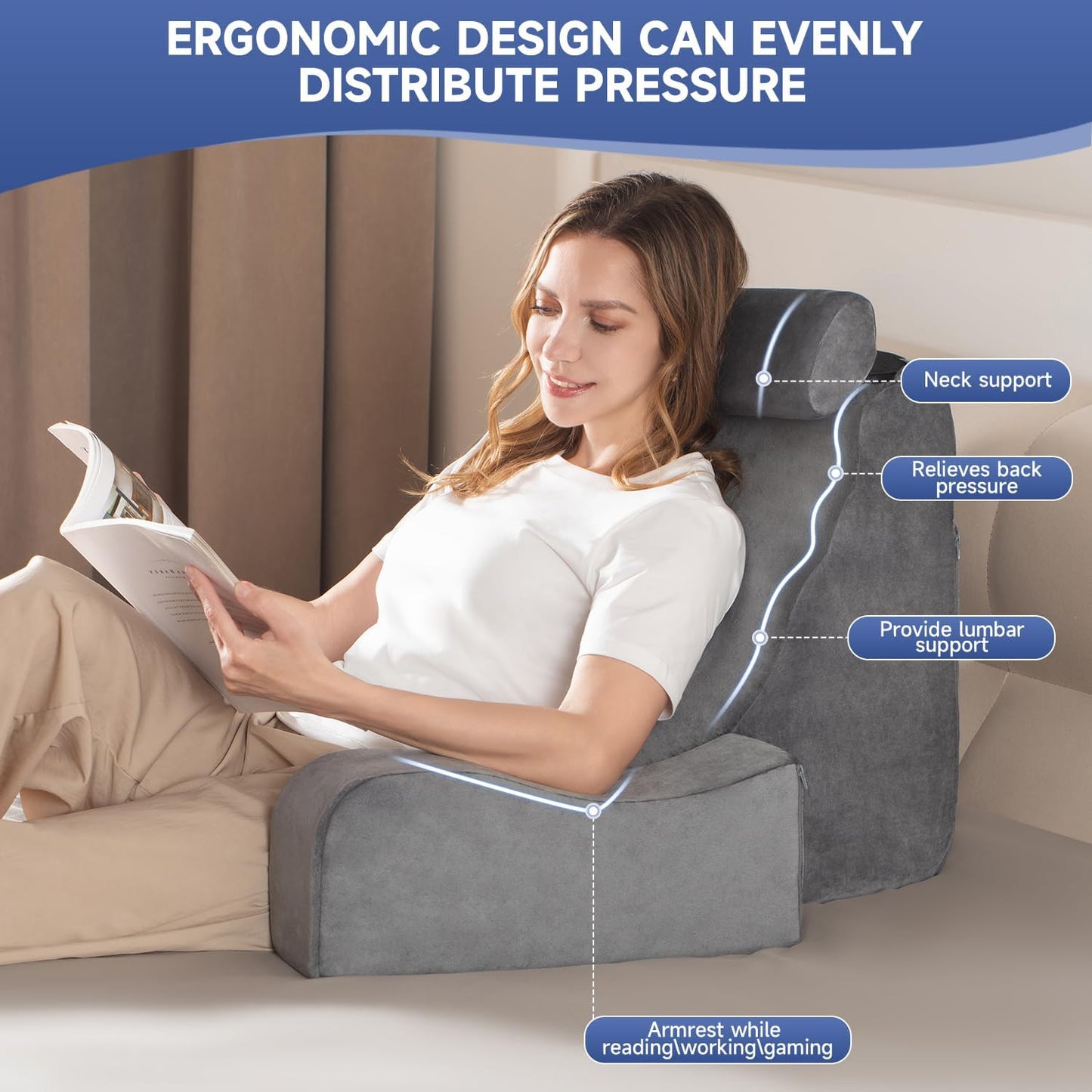 SofGlowly Reading Pillow for Sitting in Bed Adult, Back Support Pillow for Bed Sitting up with Arm Rest,Bed Rest Pillows for Watching TV/Reading/Gaming/Resting in Beds, Couch or Floor, Medium 19" Gray