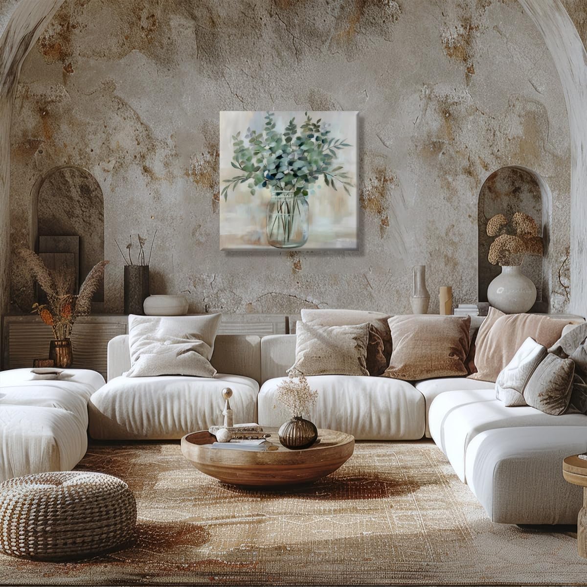 Soothing Eucalyptus Flower Wall Art Herb Floral Arrangements Painting Canvas Print Abstract Neutral Plant Vase Botanical Poster Decor for Kitchen Bedroom Living Room Bathroom 12x12inch Unframed