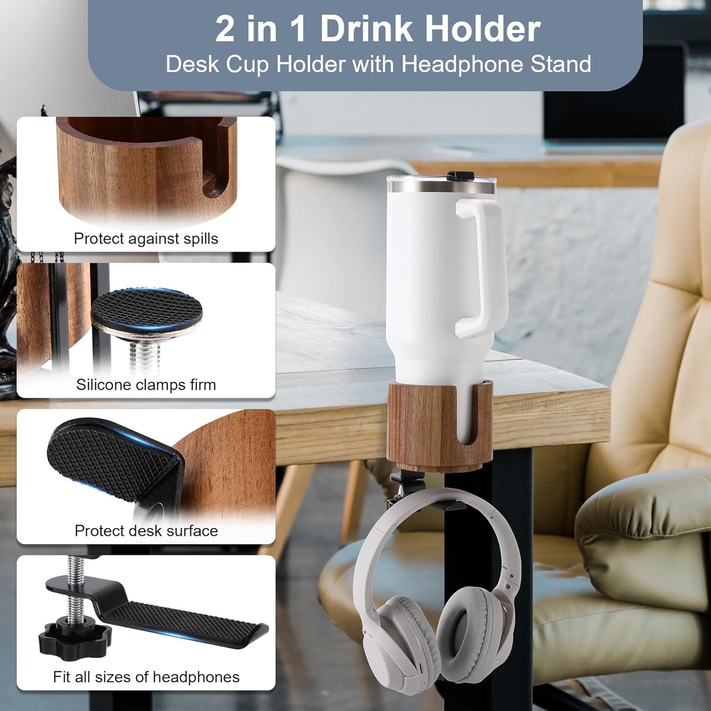 Nnewvante Desk Cup Holder, 2 in 1 360° Rotating Headphone Hanger Under Desk, 360° Anti-Spill Cup Holder, Table Cup Holder for Water Bottles, Gaming Desk Accessories - Acacia Wood