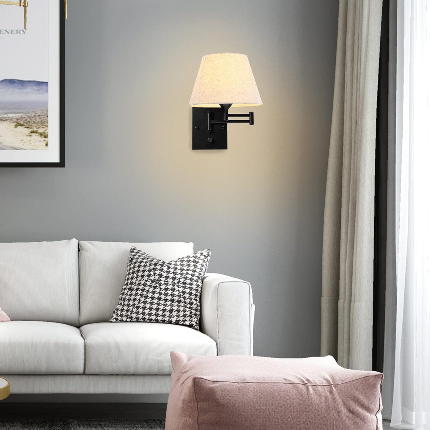 Pauwer Plug in Wall Sconce Set of 2 Swing Arm Wall Lamp with Plug in Cord and Fabric Shade Wall Light Fixtures for Hallway Bedroom Living Room (Beige Shade)