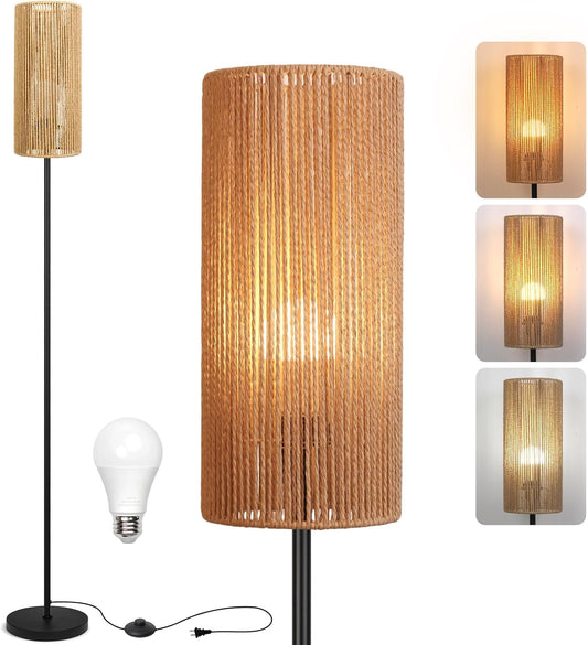 Floor Lamp for Living Room,Farmhouse Floor lamp,Modern Standing lamp with Hand-Worked Rattan Shade (Straight Line Rattan Shade- 3 Color Bulb)