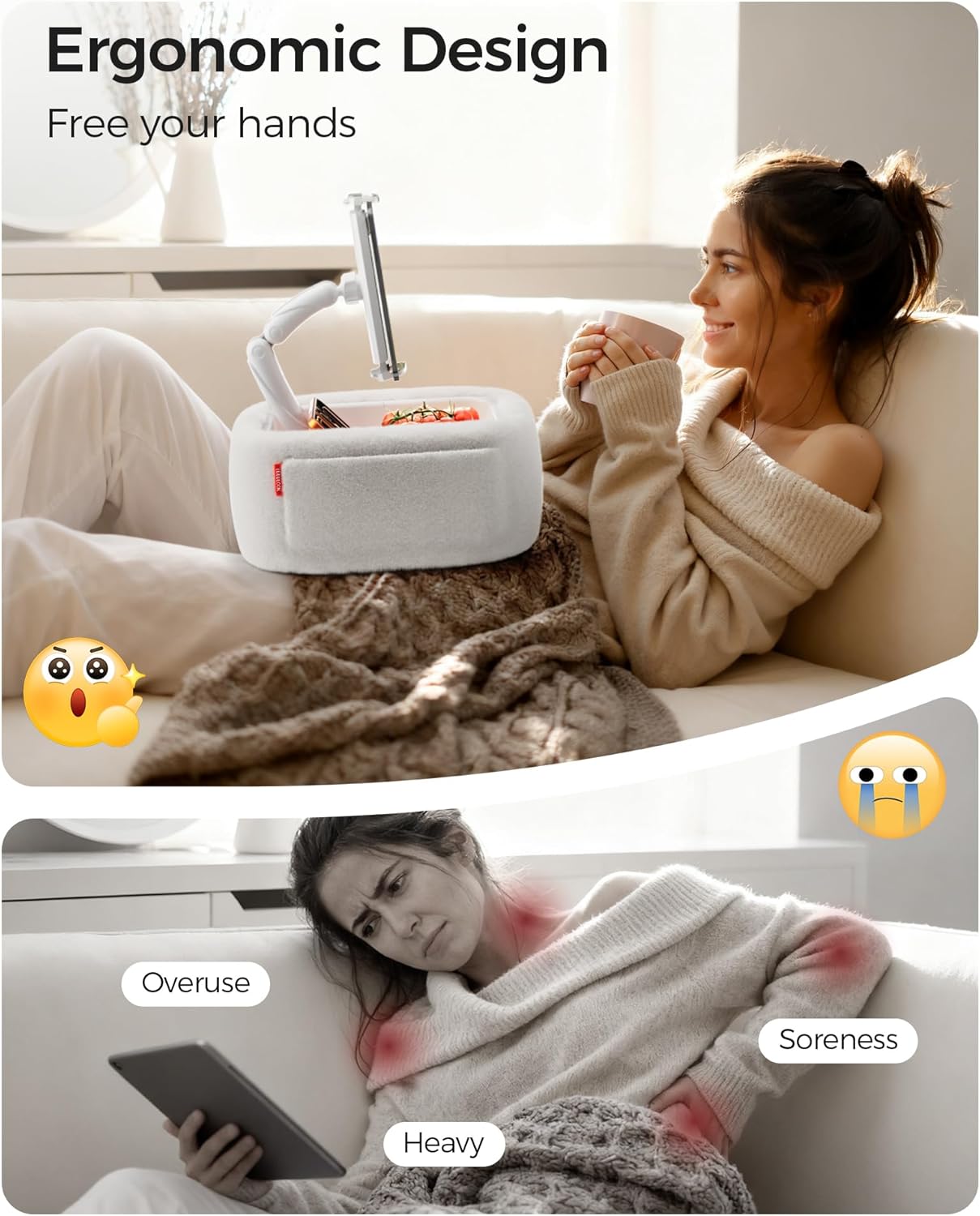 LULULOOK Ultra Fluffy Kindle Pillow Stand for Reading, Lap Tablet Pillow Stand with Snack Bowl & Foldable Arm Compatible with iPad, Phone and 4.7-14.6” Tablet for Book Reading in Bed
