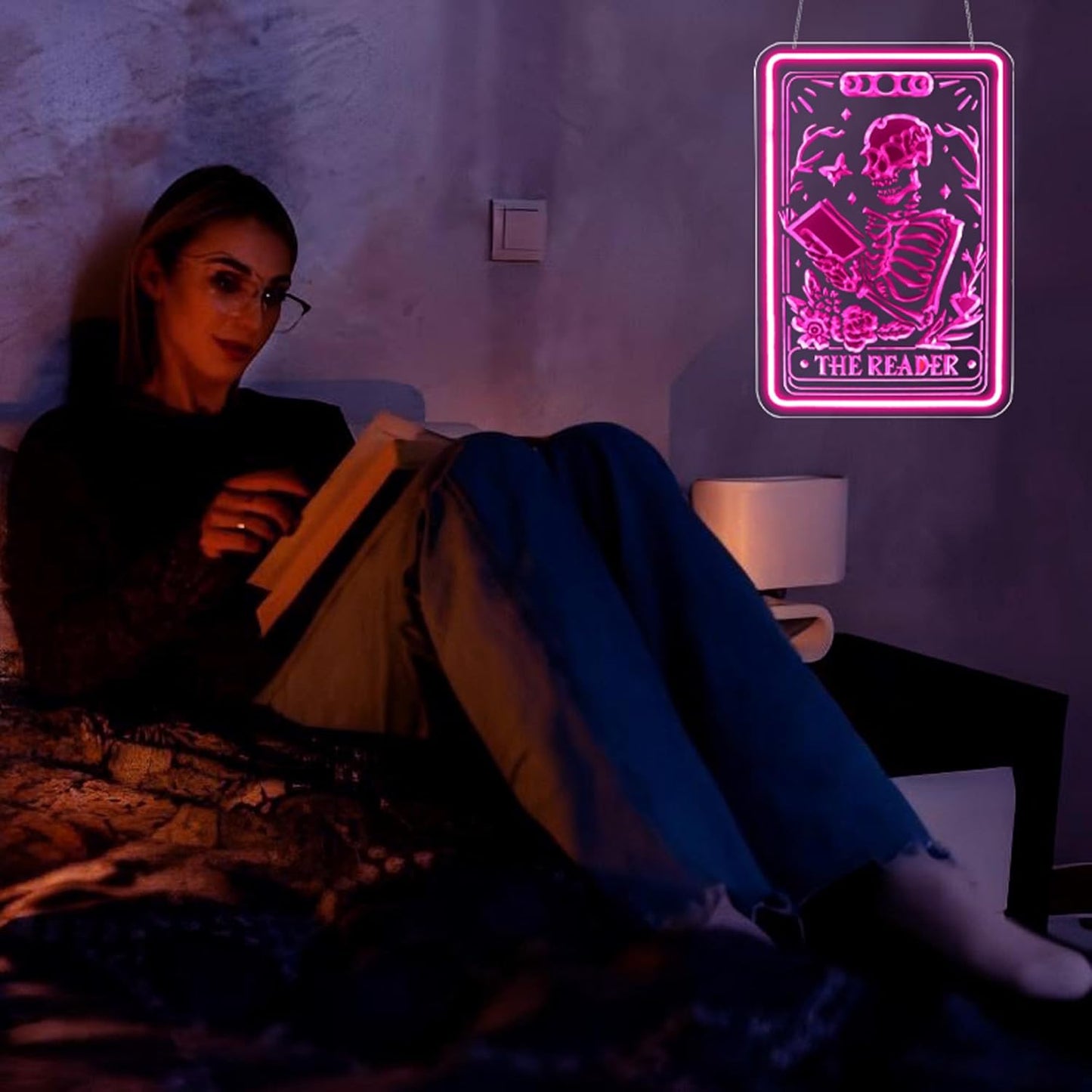 Skeleton Reading Book Neon Sign Led Neon Lights Neon Signs for Wall Decor USB Powered Led Neon Signs for Room Decoration
