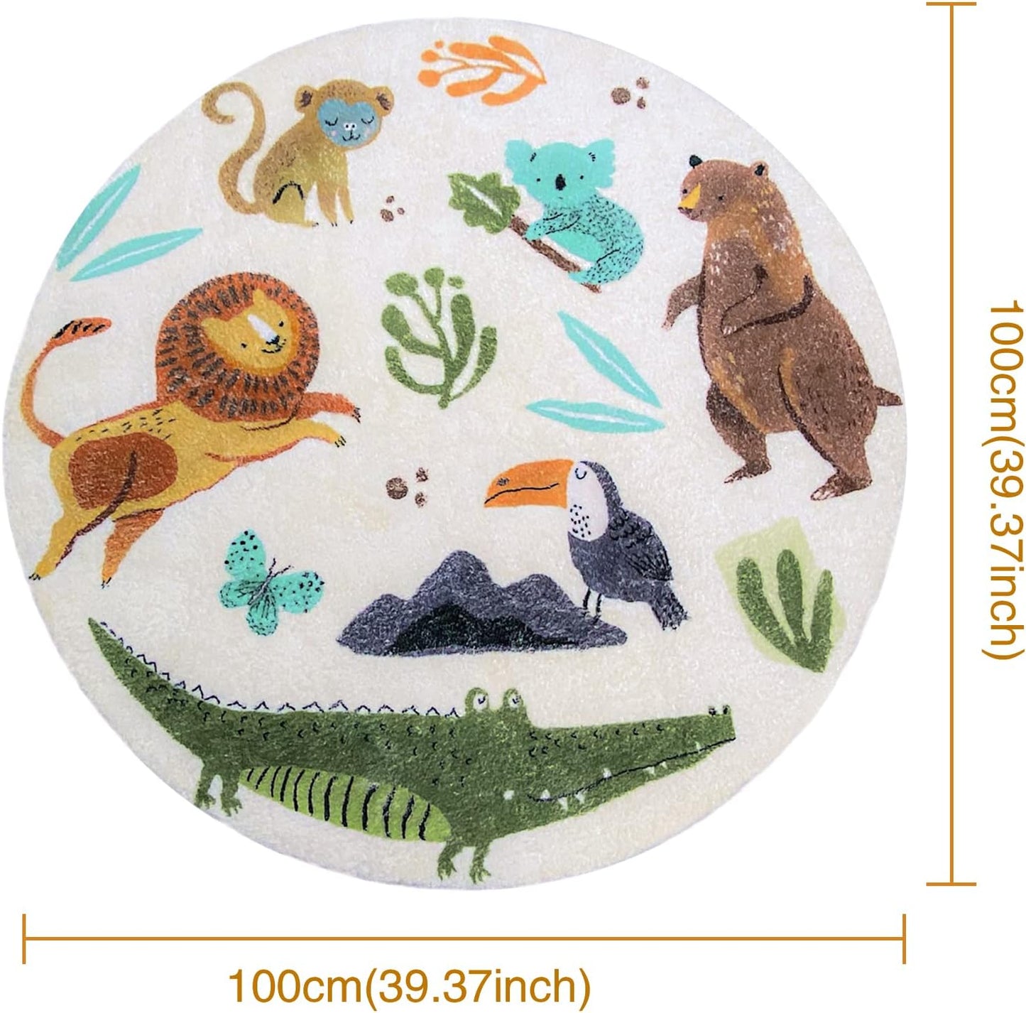 WREWING Round Rug 3.3ft, Cute Animals Large Non Slip Super Soft Plush Area Rug for Kids Room Playroom Nursery Bedroom, Educational Washable Circular Floor Mat for Home Room Decorative (Zoo)