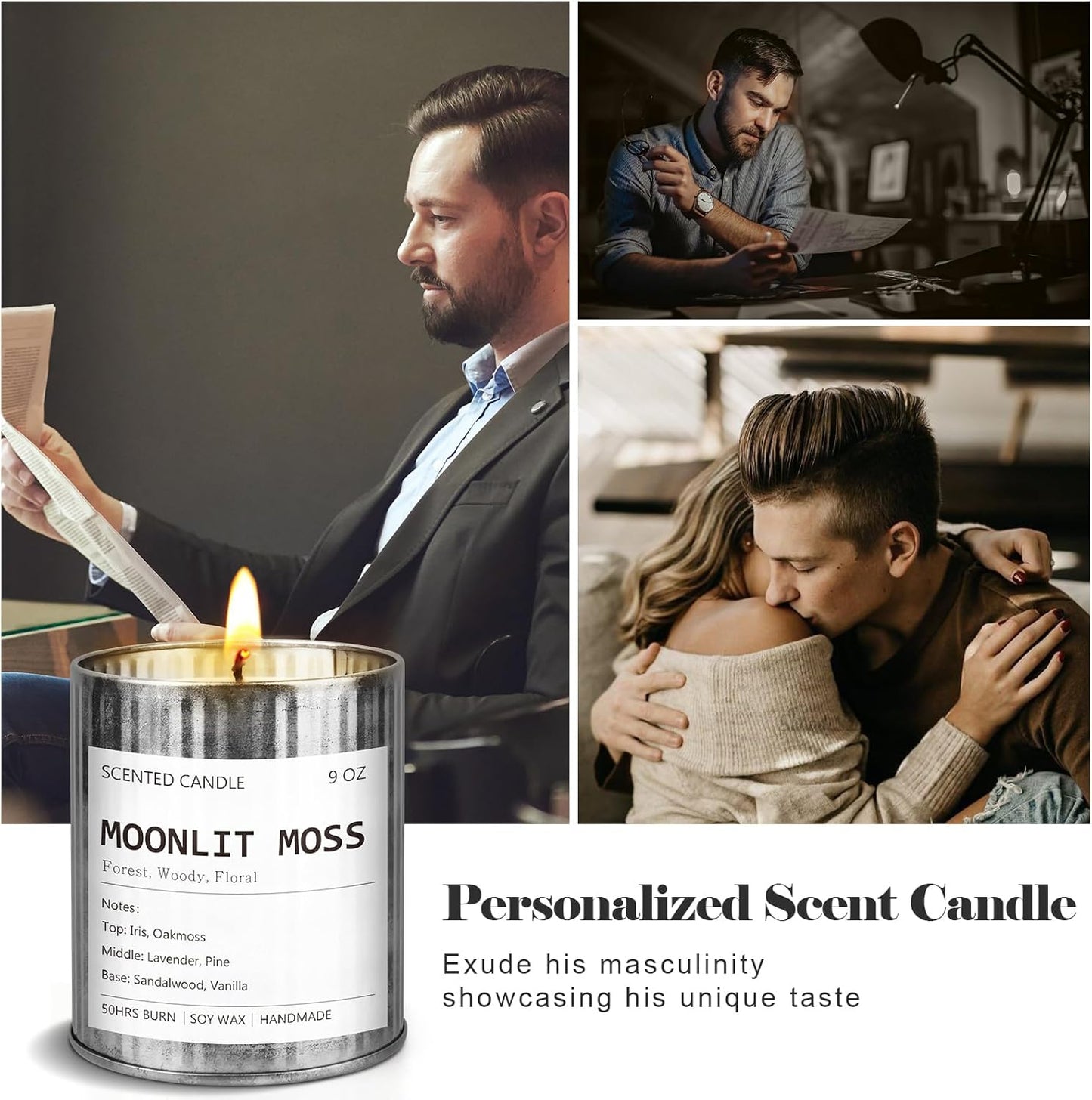 Scented Candle for Men - Vintage Library Inspired - Rustic Vintage Candle in Metal Tin for Home Scented - Soy Wax Men Candles - Long Lasting with 50 Hour Burn Time, 9oz, Iris & Oakmoss