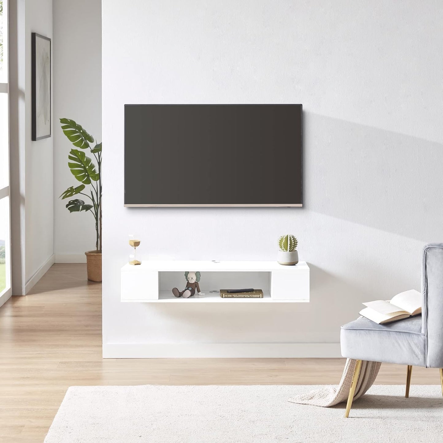 GHC Floating TV Stand, Wall Mounted Entertainment Center and Cabinet Shelf, Media Console for DVD Player, Space-Saving Under TV Shelf for Bedroom, Living Room (White)