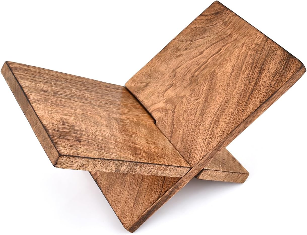 Edhas Wooden Book Holder, Coffee Table Stand & Easel for Magazines, Art, Cookbooks, Bible or Quran – Handcrafted Mango Wood with Burnt Finish (12.5" x 7" x 6")