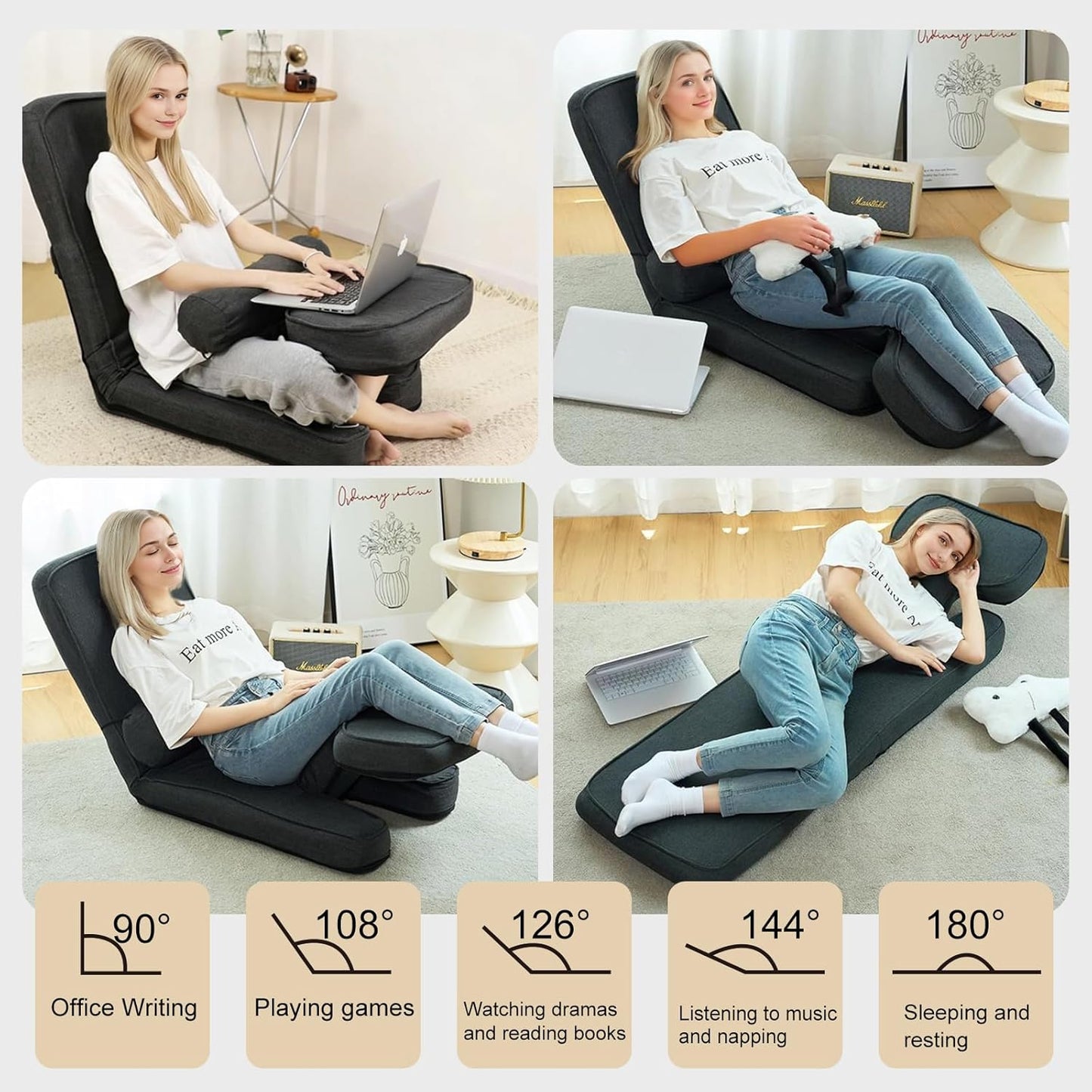 ZALL Grey Floor Folding Recliner Chair, Adjustable Back Support - Ergonomic Comfort for Game Room, Home Reading & Kitchen Leisure