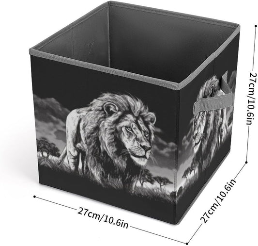 Lion Black And White Illustration Storage Bins with Handles Fashion Large Storage Cubes Sturdy Foldable Storage Boxes Space-Saving Storage Baskets for Home Office Clothes Closet Organizers