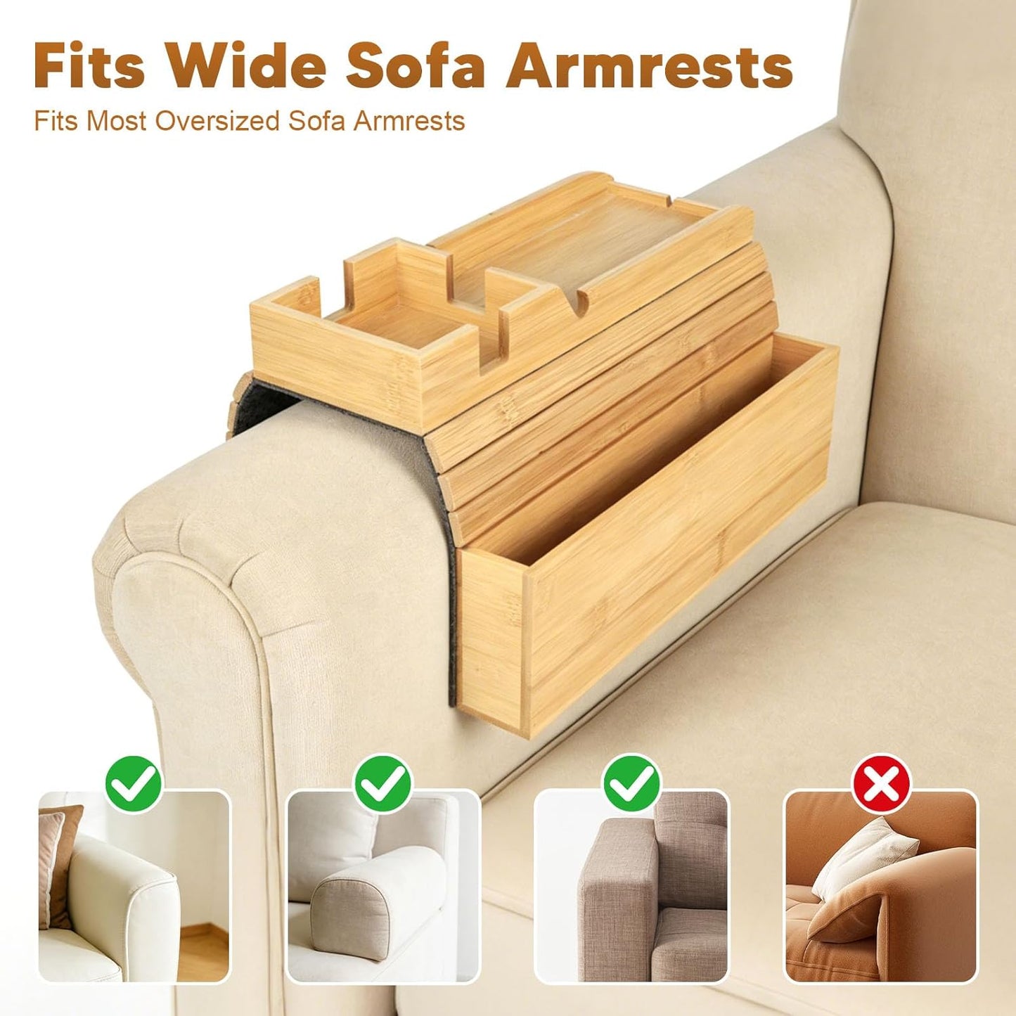 Bamboo Couch Armrest Table Foldable Sofa Arm Tray with Storage, Anti-Slip Cup Holder & Coaster, Splash-Proof Remote Holder for Snacks Phones Tablets TV Tray Couch Caddy Fits Armrests 4.5” and Wider