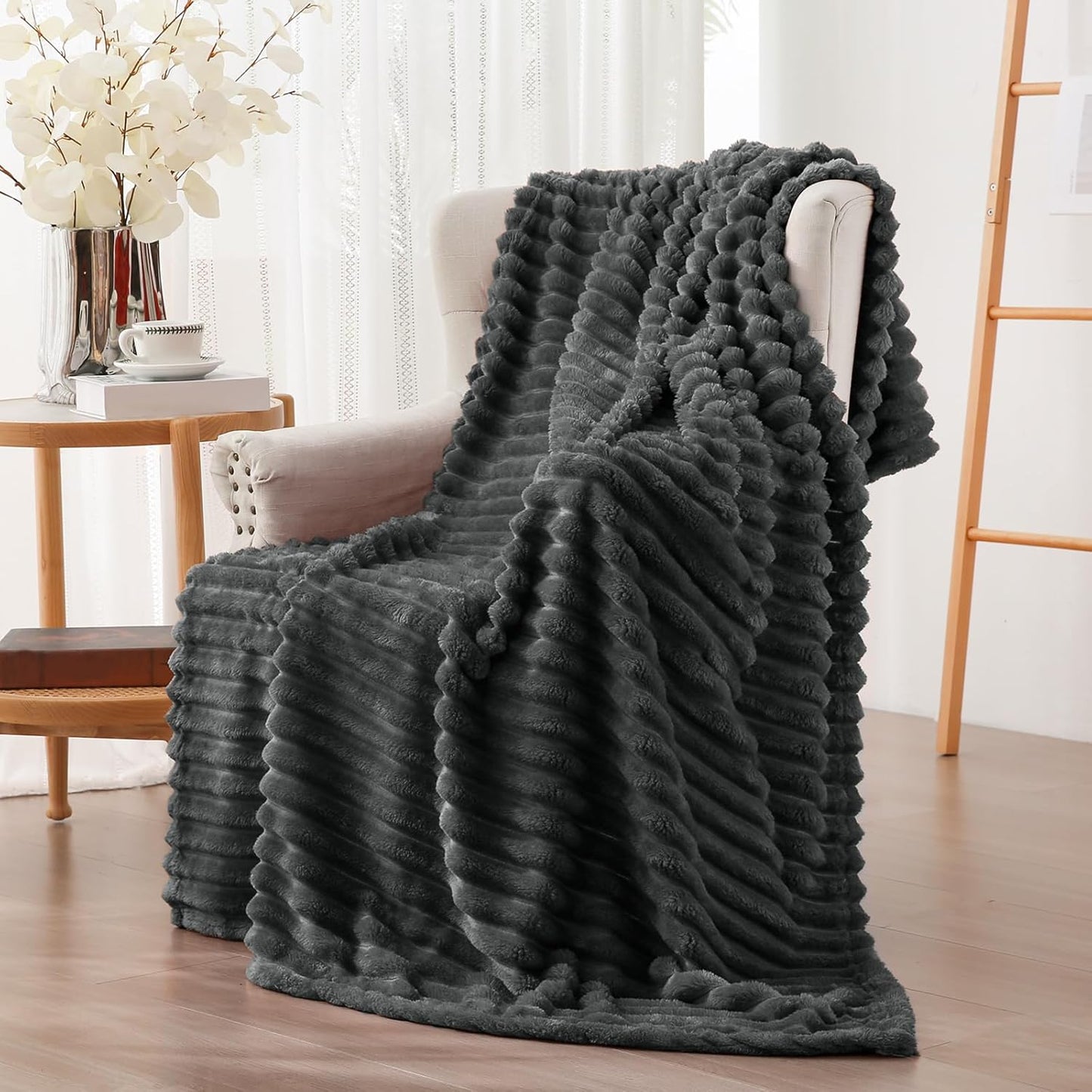 Vessia Flannel Fleece Throw Blanket for Couch,Sofa,Bed, 300GSM Striped Grey Throw Blanket for Adults and Kids, Super Soft Warm Cozy Lightweight Home Decor for All-Season(50x70inch)