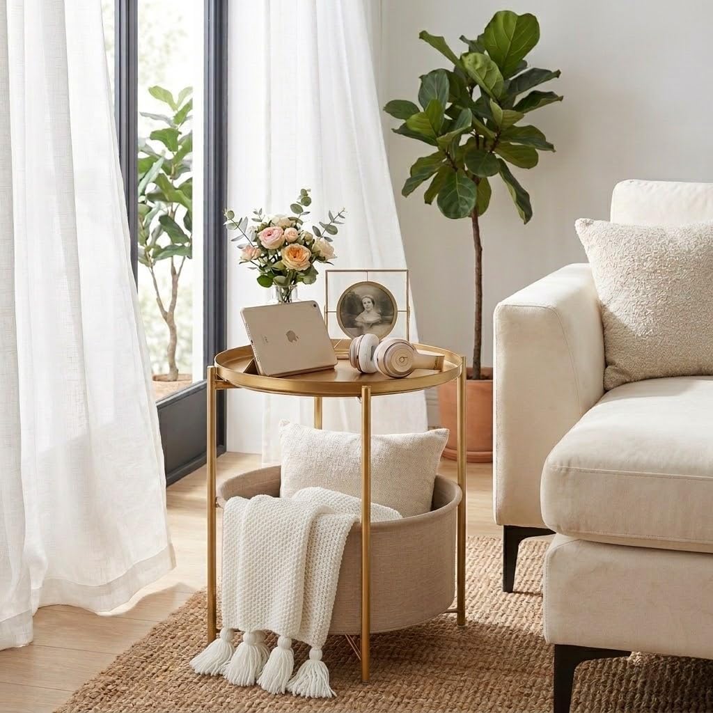 danpinera Round Side Table with Fabric Storage Basket, Metal Side Small Bedside Table Nightstand with Removable Tray Top for Living Room, Bedroom, Nursery, Bathroom, Gold