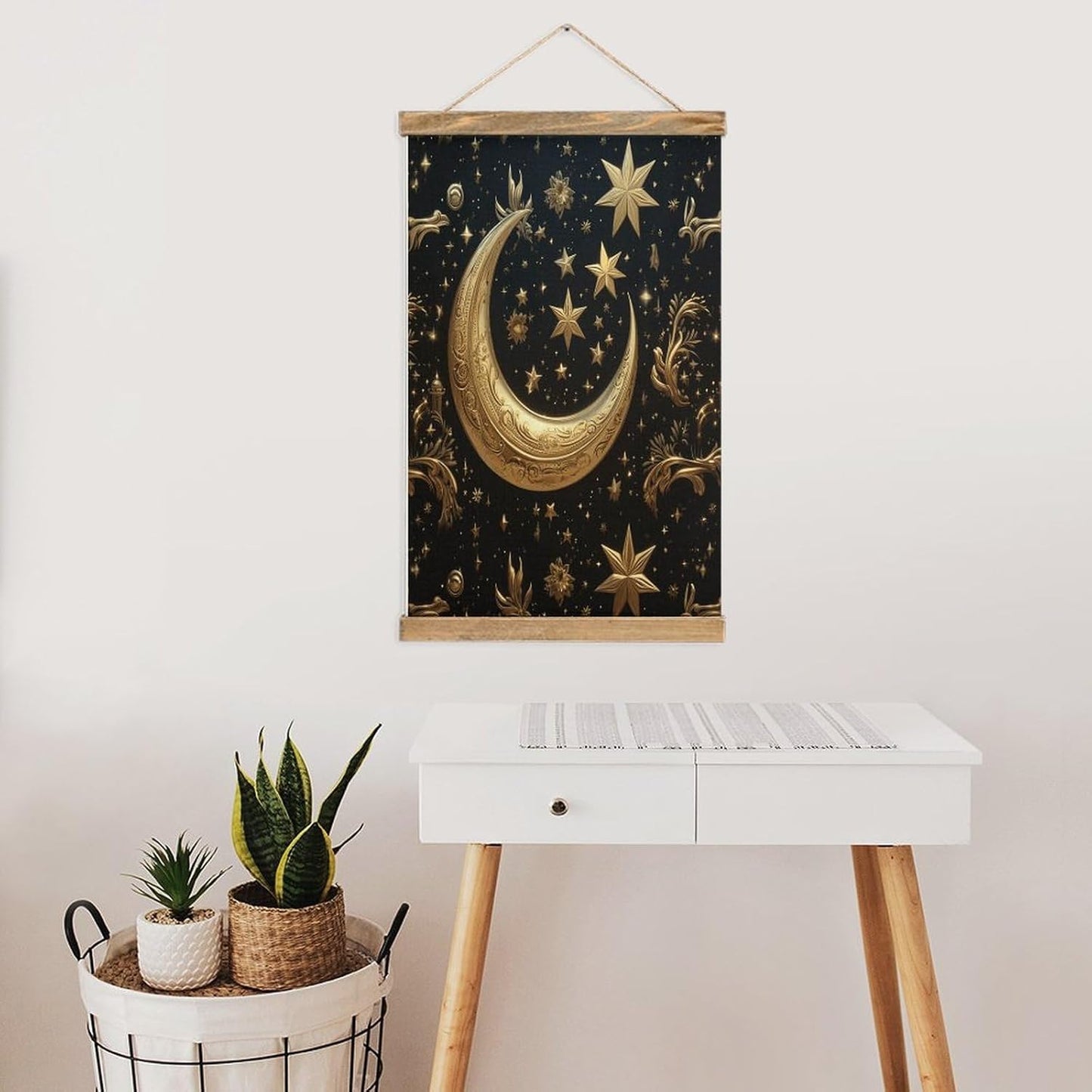 Vintage Golden Stars And Moon Poster with Wooden Frame Personalized Linen Hanging Scroll Painting Rustic Wall Hanging Illustrative Modern Artwork Decor for Home Living Room Bedroom Office