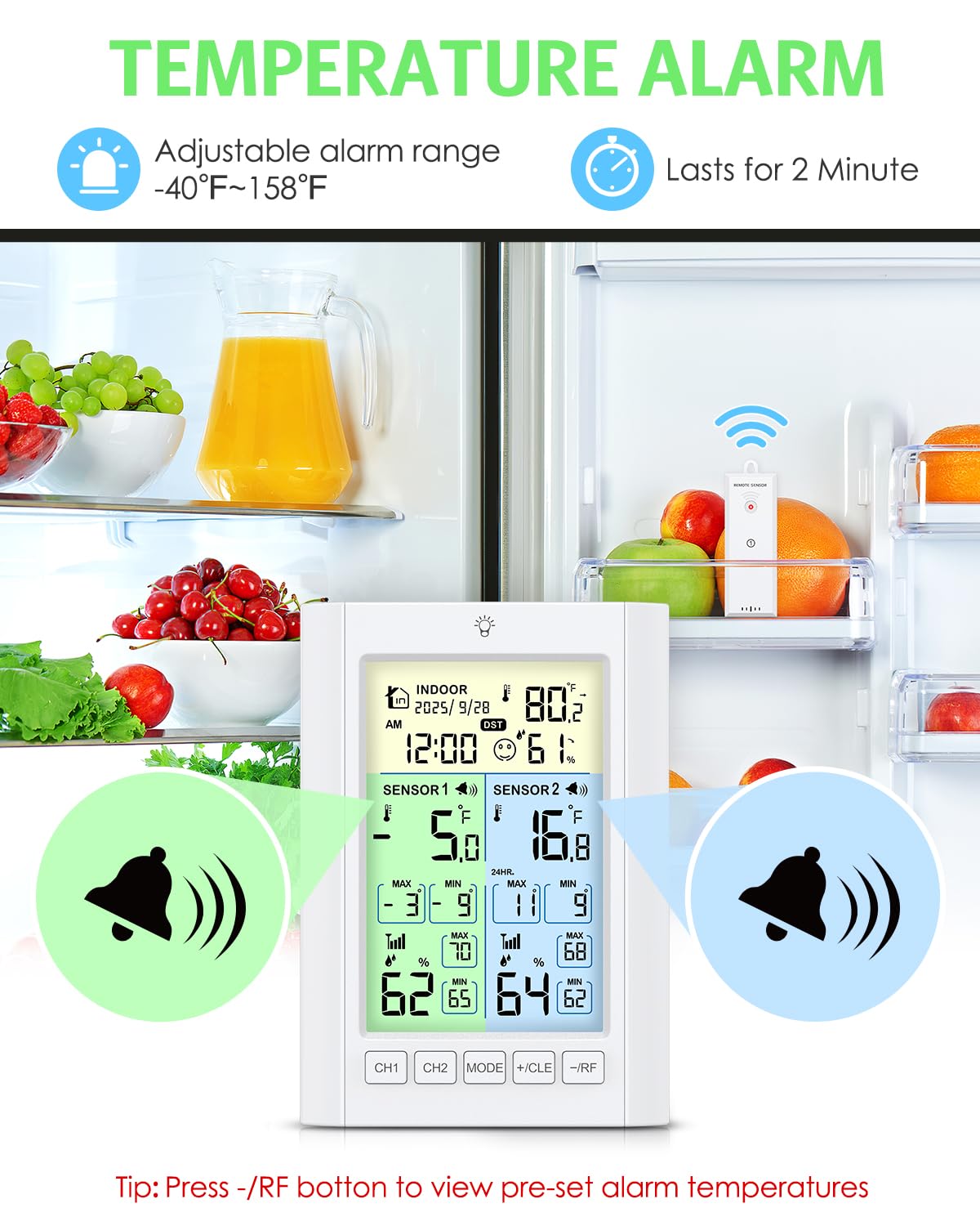 Wireless Freezer Thermometer with Alarm, Temracha Upgraded Digital Fridge Thermometer with Alert, Backlight, Rechargeable, MAX/MIN Record, Refrigerator Thermometer for Kitchen Home Restaurants