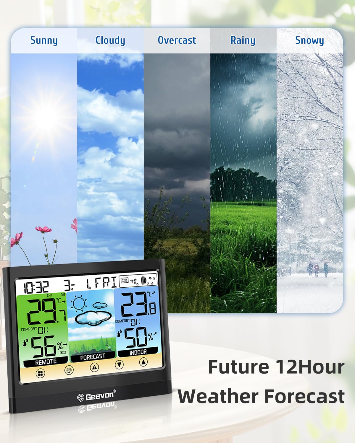 Geevon Weather Station Wireless Indoor Outdoor Thermometer Hygrometer with Dew Point, Heat Index, Touch LCD Display Digital Weather Thermometer with Alarm Clock and Adjustable Backlight