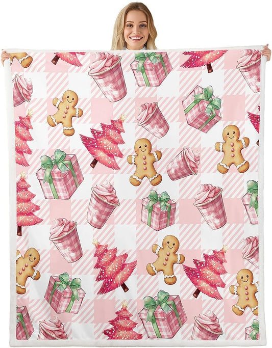 Feelyou Pink Christmas Sherpa Blanket - Cute Tree Gingerbread Man Plush for Kids Boys Girls - Merry Christmas Fleece Throw Soft Plaid Fuzzy for Sofa Bed Couch 50"x60"