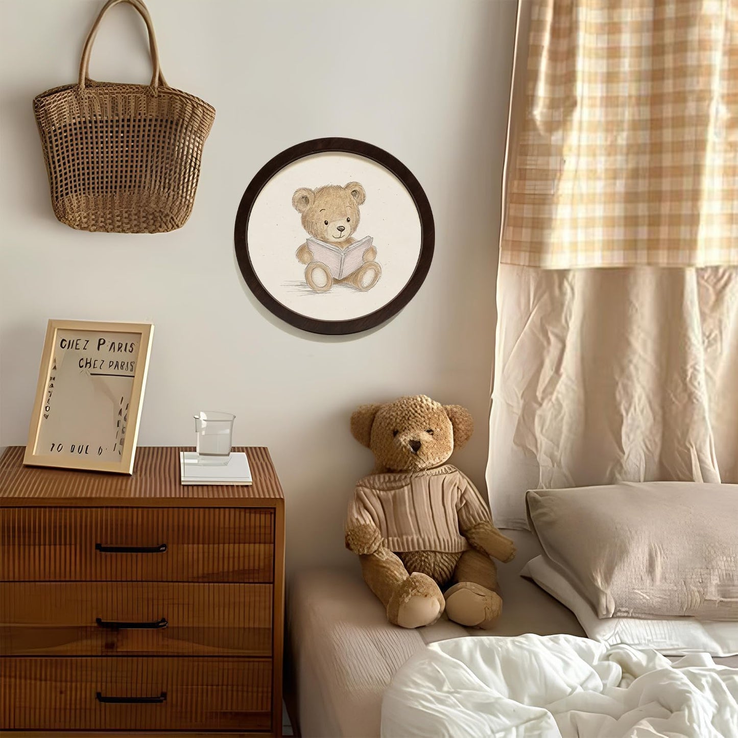 SkyCozy Bear Nursery Reading Book Framed Wall Art Decor, Neutral Baby Bear Animal Bookish Round Wooden Hanging Wall Decor for Reading Room Kids Boy Girl Nursery Bedroom Playroom, 10x10 Inch