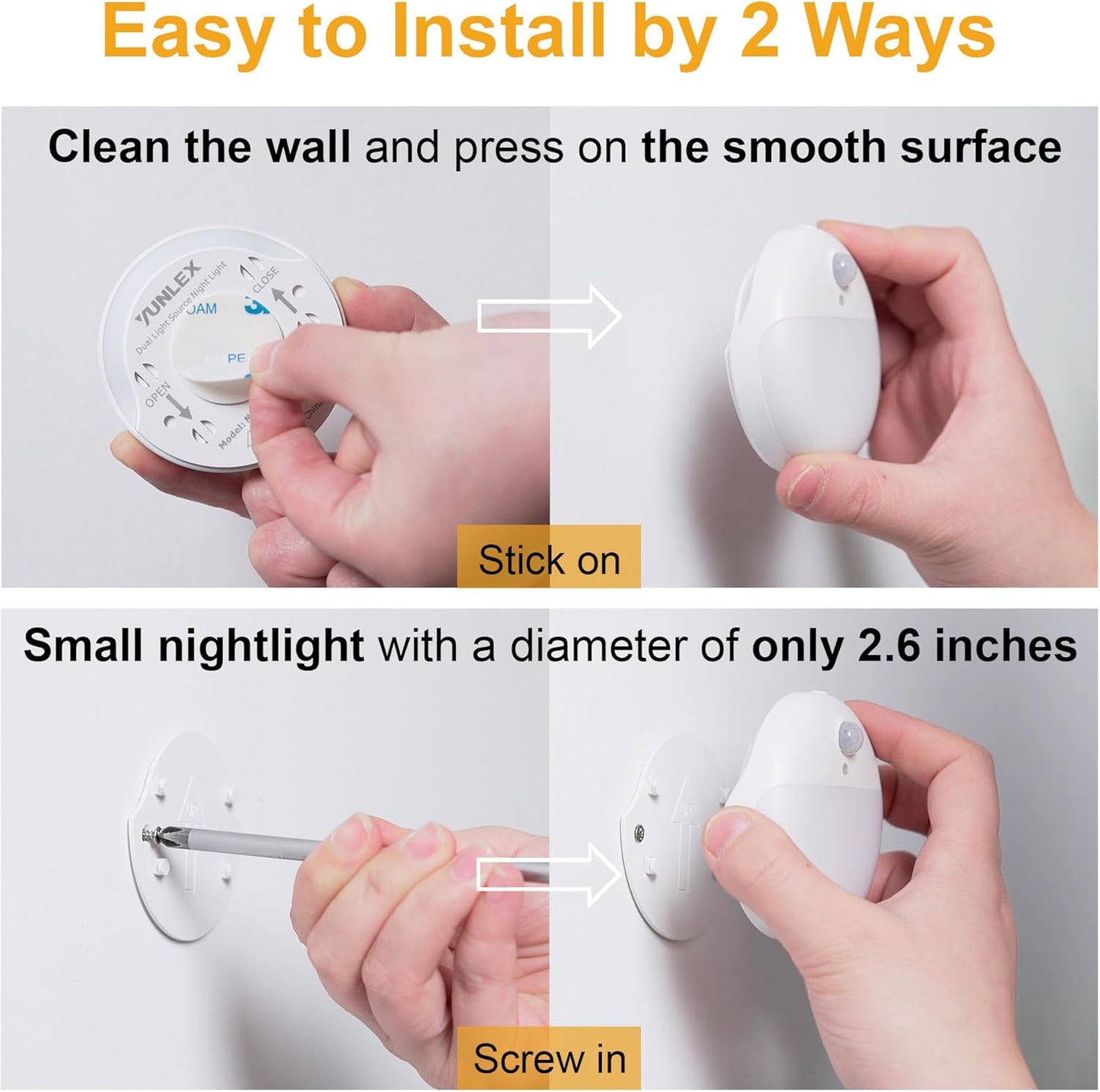 2 Pack Amber Night Light, Battery Operated Night Light, 2.6" Small Sticky Lights, Dimming, 3 Light Modes, Motion Sensor Lights for Kids, Baby, Sleep, Bedroom, Bathroom, Toilet, Travel, Stairs