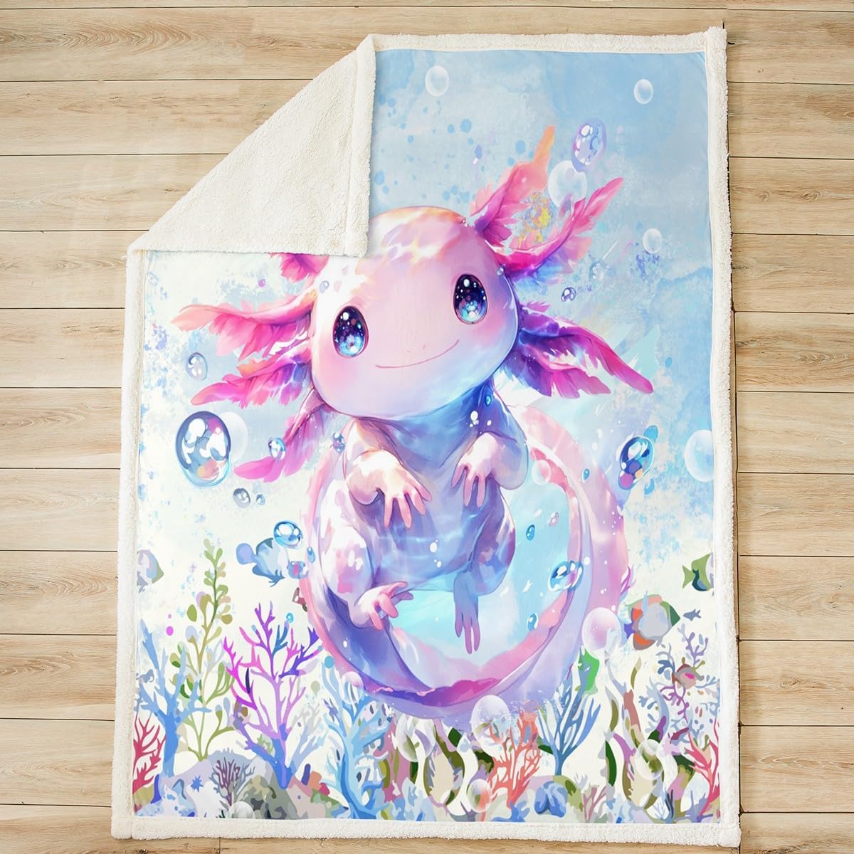 Feelyou Boys Girls Cute Axolotl Fleece Throw Blanket Ocean Sealife Plush Blanket for Bed Sofa Couch Kids Kawaii Sherpa Blanket Cartoon Salamander Teens Fuzzy Blanket Bedroom Decor Throw 50"x60"