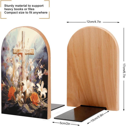 Non-Slip Bookend for Shelves Easter Cross Art Wooden Bookends with Metal Base Decorative Book Stopper for Home Heavy Duty Wood Book Storage for Books/CDs