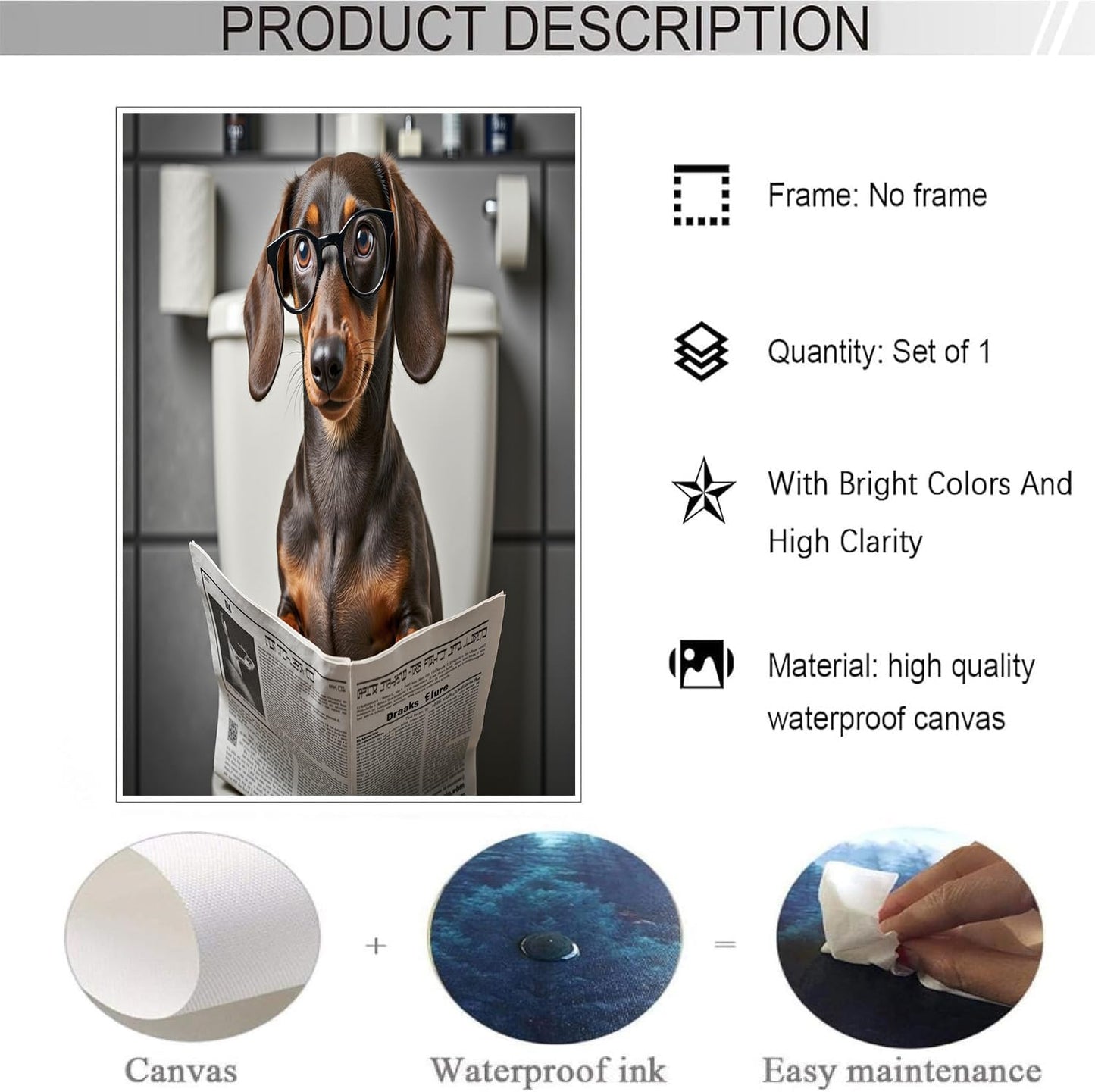 Humorous Animal Canvas Wall Art, Dachshund Sitting On The Toilet Reading The Newspaper Poster Print For Bathroom Living Room Decor 24 X 36 Inch Unframed