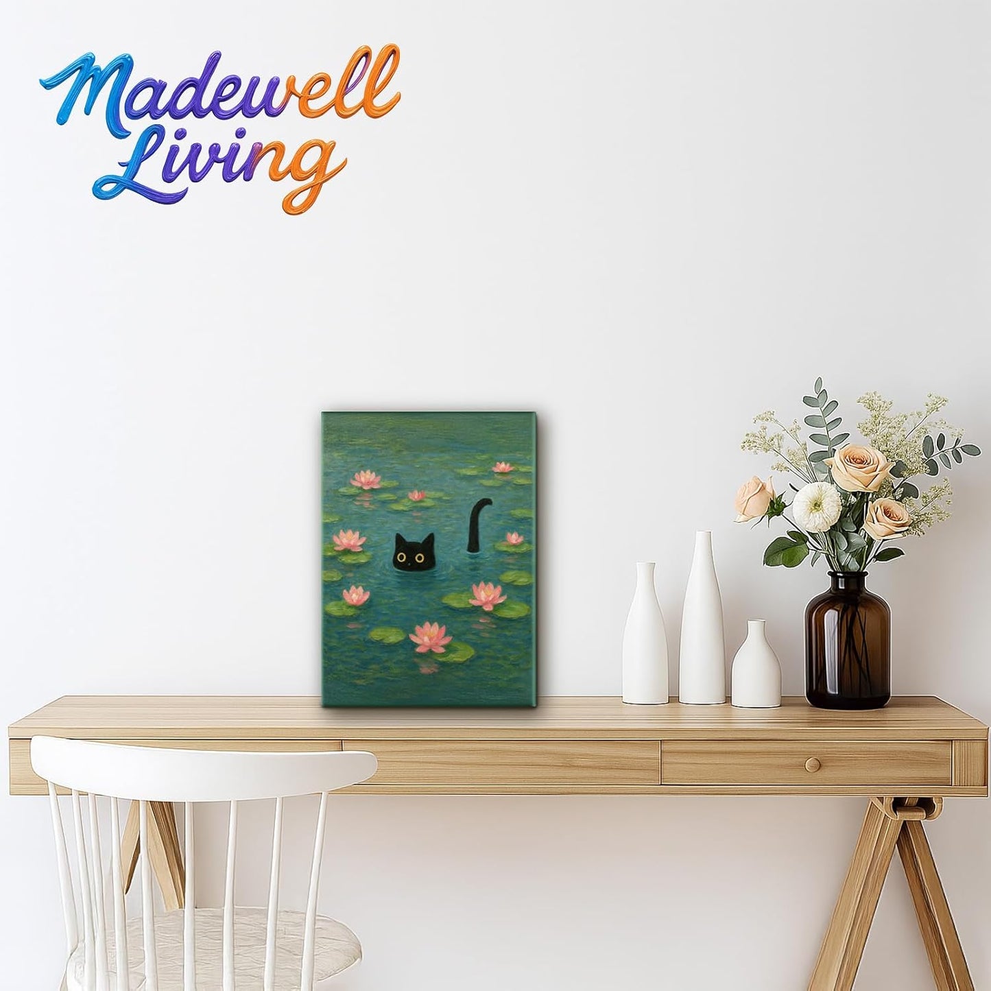 Madewell Living Monet Cat Art, Water Lilies Canvas Vintage Bathroom Decor 8x10 Inch, Cat Lover Gift, Ready-to-Hang Aesthetic Wall Art for Bedroom