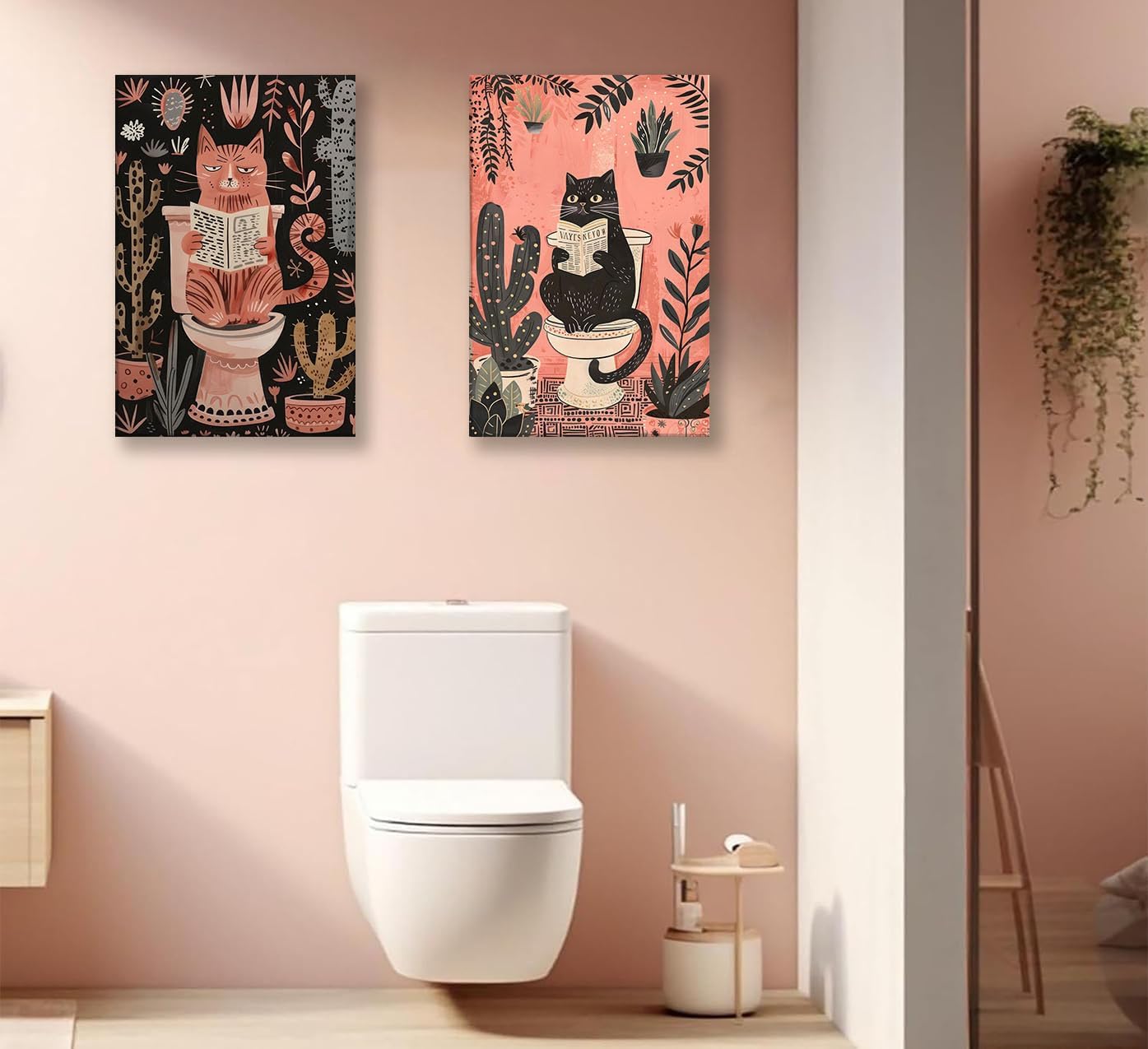 2Pcs Funny Cat Bathroom Wall Art Pink Cute Pets Canvas Wall Decor Cat Reading Newspaper On The Toilet Posters Picture Cactus Prints Animals Plants Trendy Painting for Bathroom Decoration 12x16in