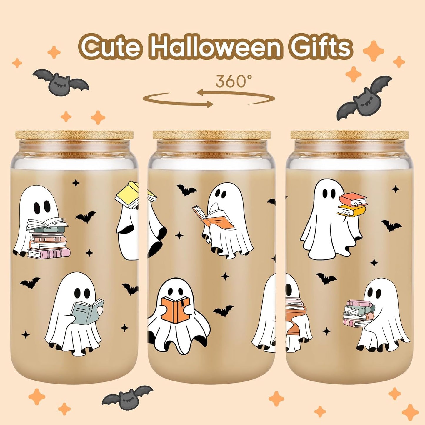 Fairy's Gift Ghost Reader Halloween Cup, Cute Spooky Gifts for Book Lovers, 16 oz Iced Coffee Tumbler Cup w/Lid Straw, Book Themed Bookworm Bookish Reading Halloween Gifts for Women Librarian Reader