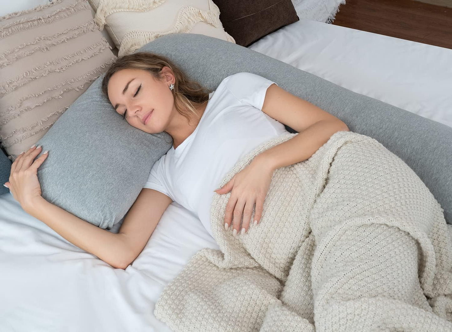 AngQi Body Pregnancy Pillow with Jersey Cover, L Shaped Full Body Pillow for Pregnant Women and Side Sleeping, Gray