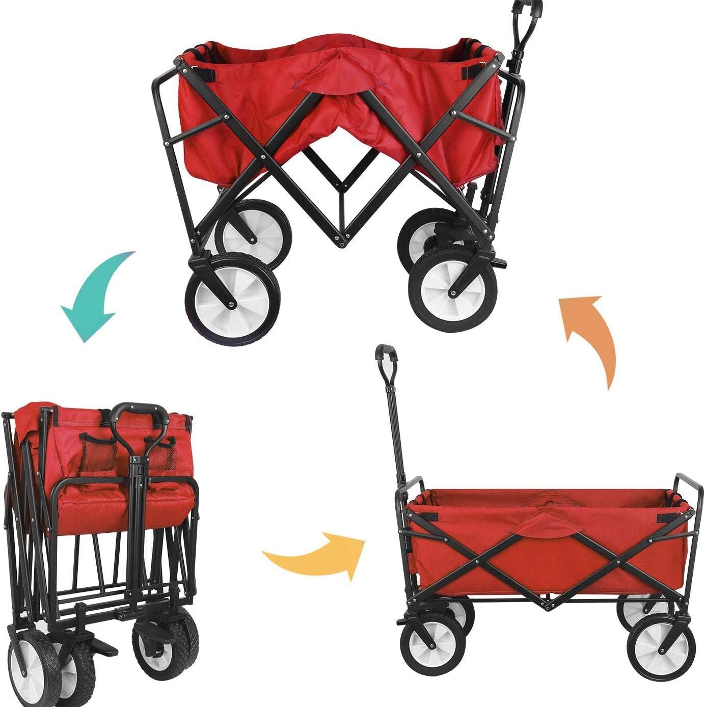 Collapsible Folding Outdoor Utility Wagon, Heavy Duty Garden Cart with Wheel Brakes and 2 Cup Holders, for Shopping,Picnic (Green) (Red)