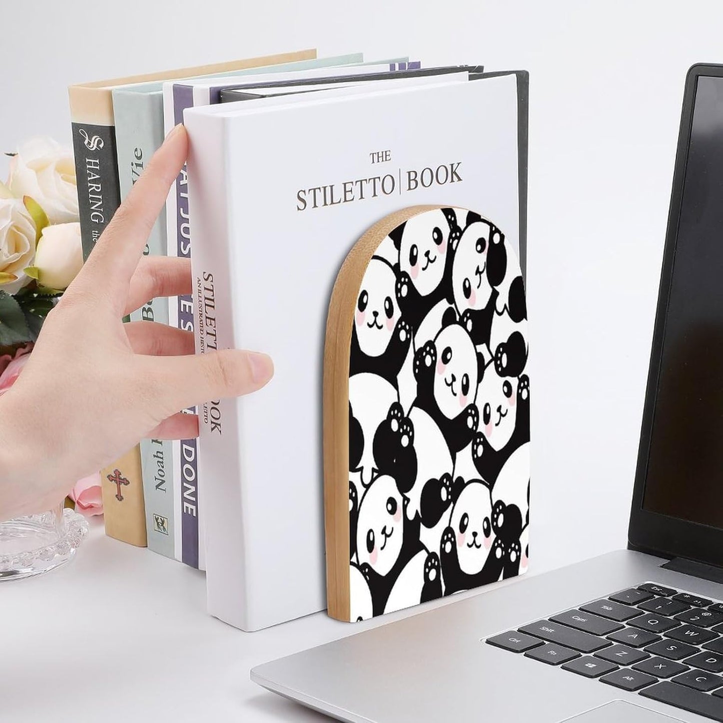 Panda Wooden Bookend Non-Slip Book Ends Heavy Duty Book Stopper with Metal Base Books Holderd Decorative Bookends Stands Firmly for Office Supplies