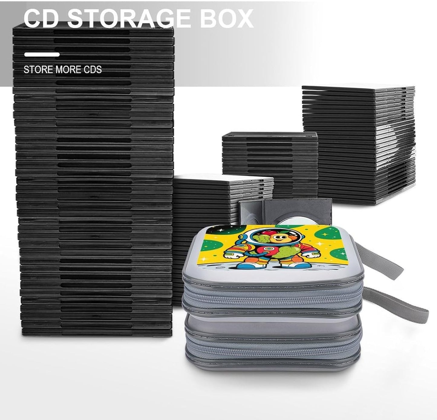 Astronaut CD Case Portable Zipper CD Case 40 Capacity Hard Plastic DVD Cases Holder Large Storage Disc Wallet Bag for Car Home Travel DVD Collection Bag