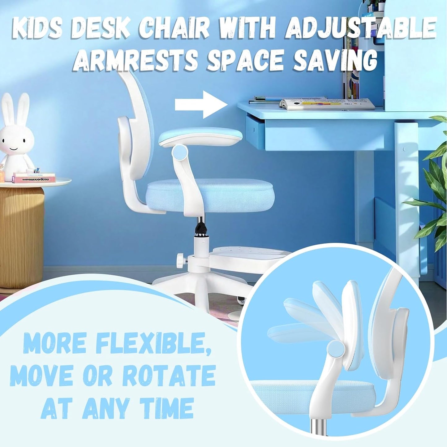 Adjustable Kids Desk Chair, Ergonomic Children Study Computer Chair with Footrest & Flip-up Armrest, Mesh Student Teen Task Chair with Wheels, Kids Office Chair for Boys Girls Age 4-12 Home (Blue)