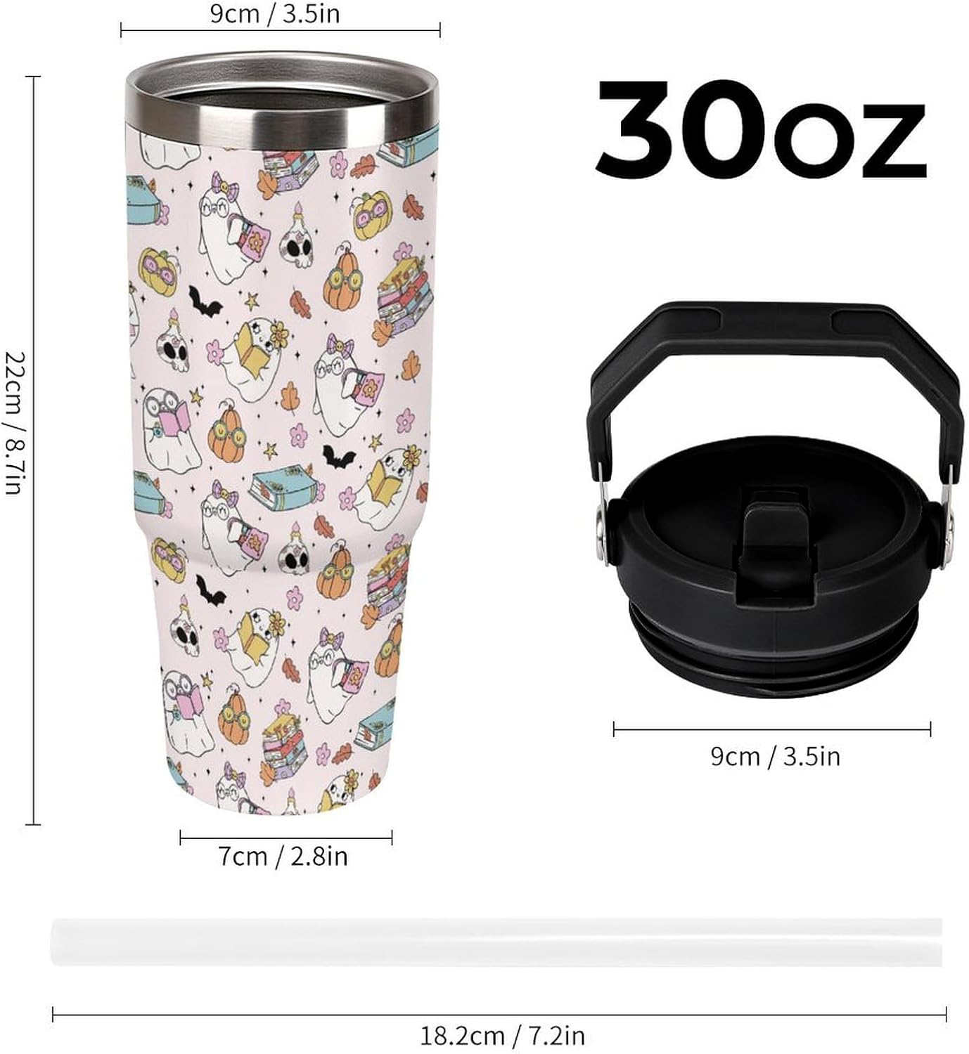 Halloween Tumbler with Handle Flip Straw Pink 30oz Insulated Stainless Steel Cup Ghost Reading Book Travel Coffee Mug Water Bottle for Women