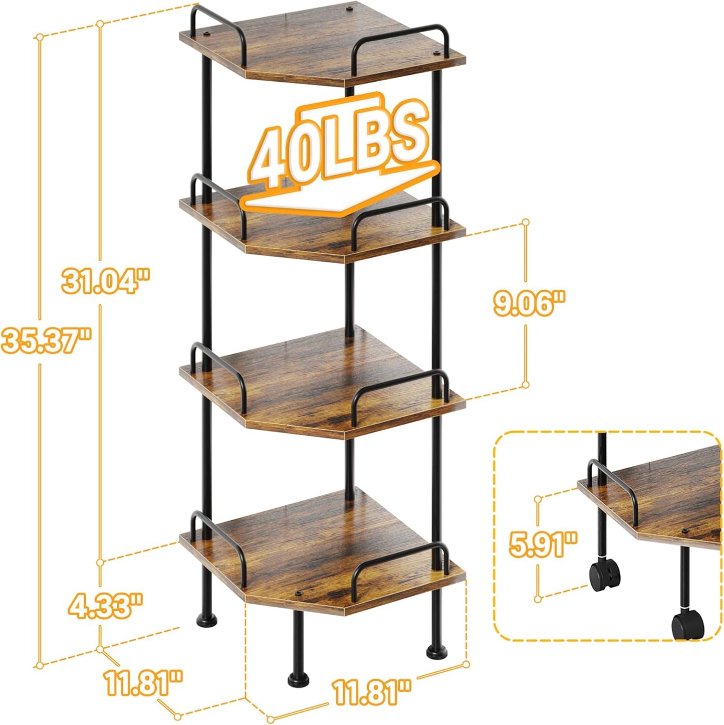 Weehom Small Corner Shelf - Multipurpose Corner Shelving Unit and Storage, 4 Tier Shelf Stand for Small Spaces, Display Shelves for Living Room, Bedroom, Kitchen, Bathroom - Rustic Brown