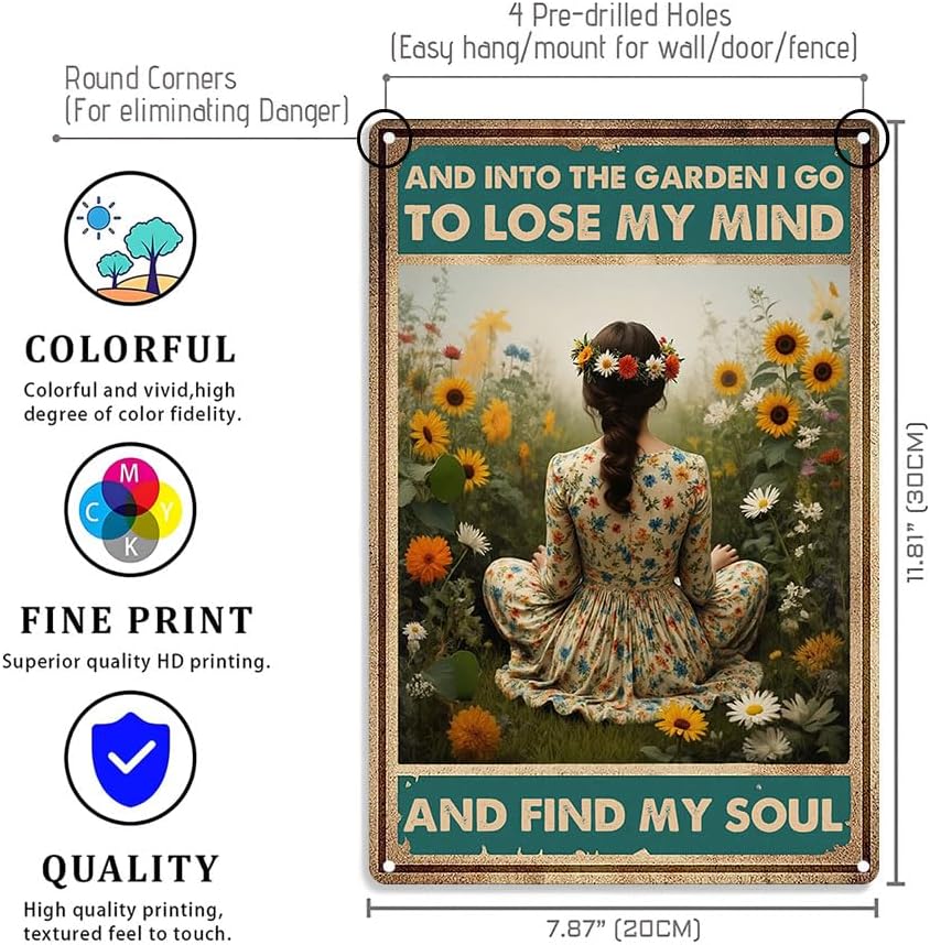 Funnysign Garden Gifts Vintage Metal Tin Sign – “And Into the Garden I Go to Lose My Mind and Find My Soul” Rustic Floral Wall Art for Home, Patio, Garden Décor – 8x12 Inches (9849)