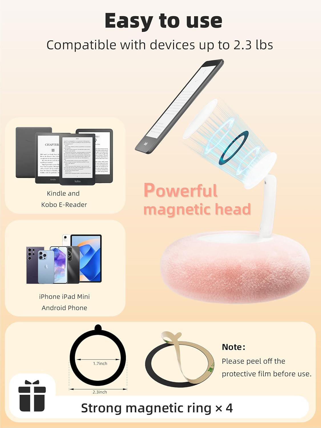 Magnetic Kindle Holder with Page Turner, Cozy Pillow Kindle Stand for Reading, 360° Adjustable Phone Holder for Bed, Small Bowl for Tablet Stand with Stable Suction Base (Pink)