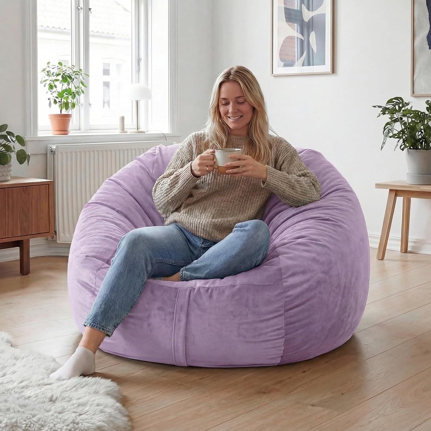 YuppieLife 4FT Bean Bag Chair, Foam Filled Bean Bags with Comfy Dutch Velvet & Machine Washable Cover, Adults BeanBag for Livingroom Bedroom, Purple