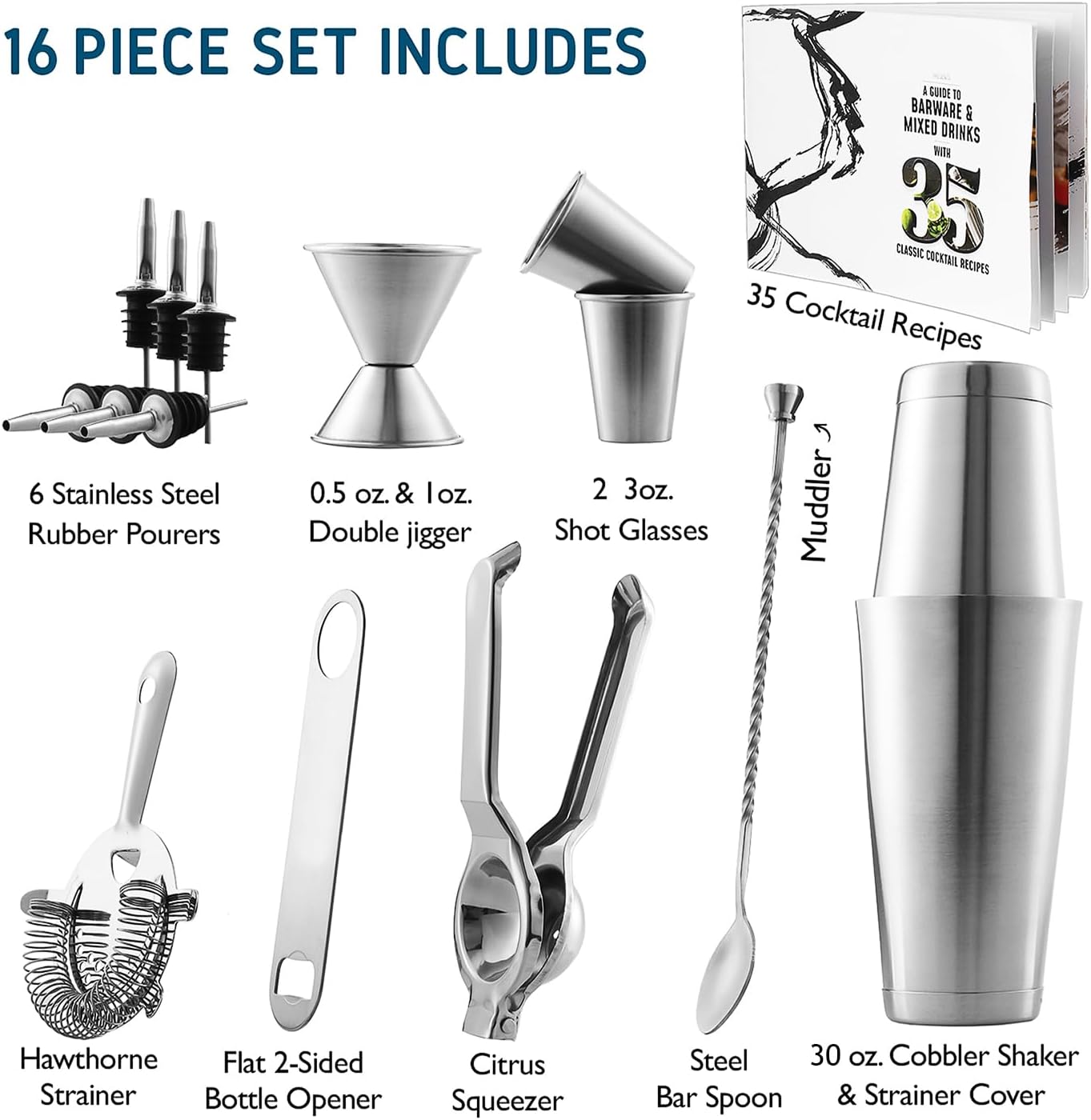 Bar Set Cocktail Shaker Set, Stainless Steel Mixology Bartender Kit, 16 Piece Cocktail Kit, Silver Cocktail Set, Bar Tools: 30oz Martini Shaker, Muddler, Bar Kit Cocktail Book, Jigger and Pourers