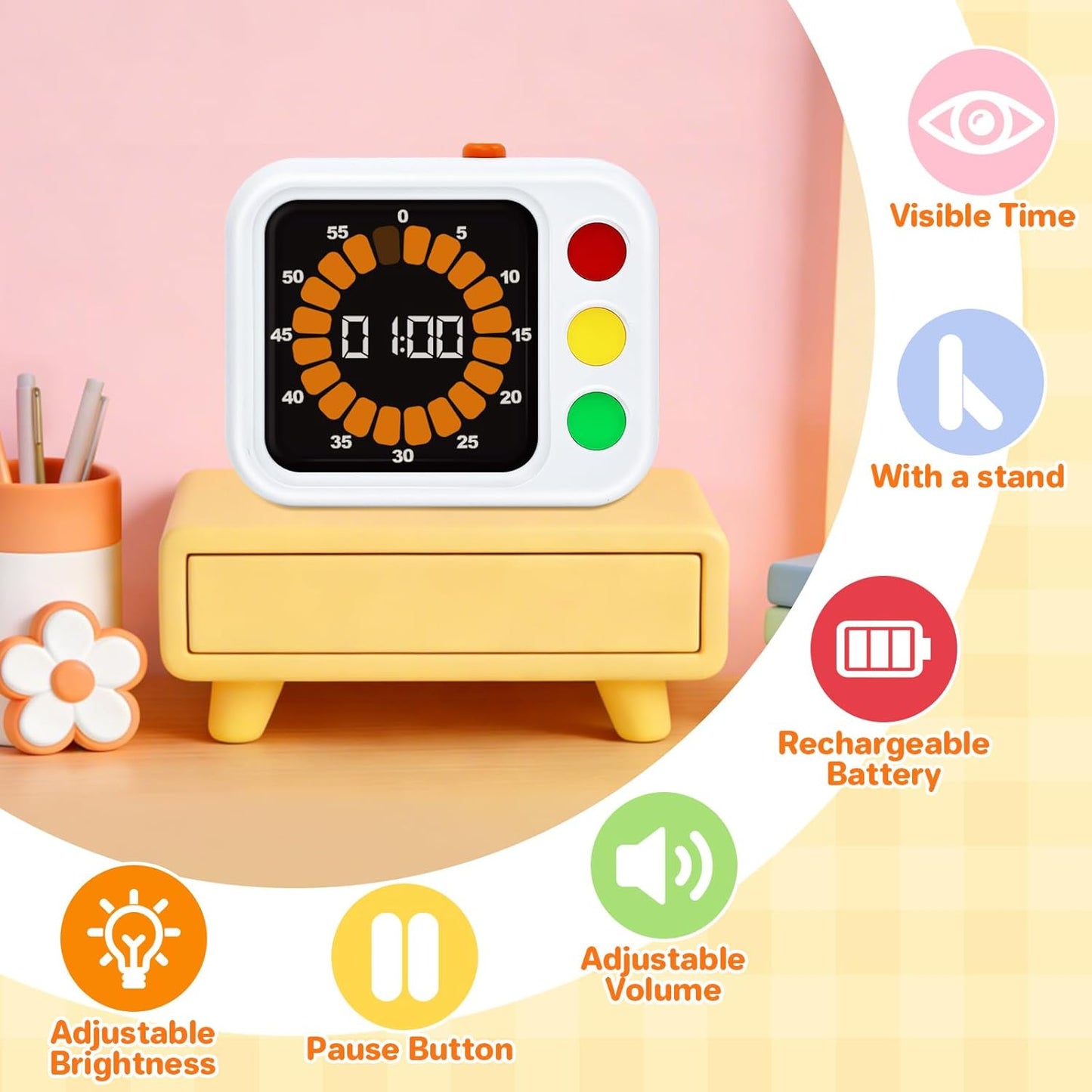 PHILORN Digital Visual Timer for Kids, with Coloured Progress bar, 60-Minute Countdown and Adjustable Volume and Brightness for Calm Transitions, Classroom & Home Kitchen Cooking Baking