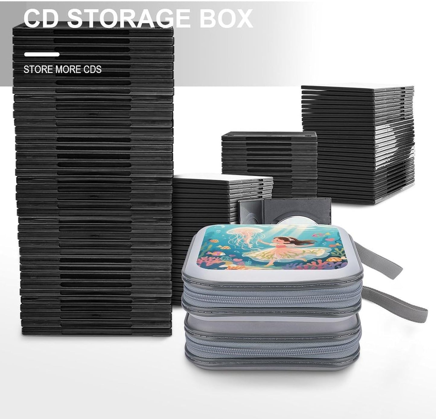 Jellyfish in The Ocean CD Case Portable Zipper CD Case 40 Capacity Hard Plastic DVD Cases Holder Large Storage Disc Wallet Bag for Car Home Travel DVD Collection Bag