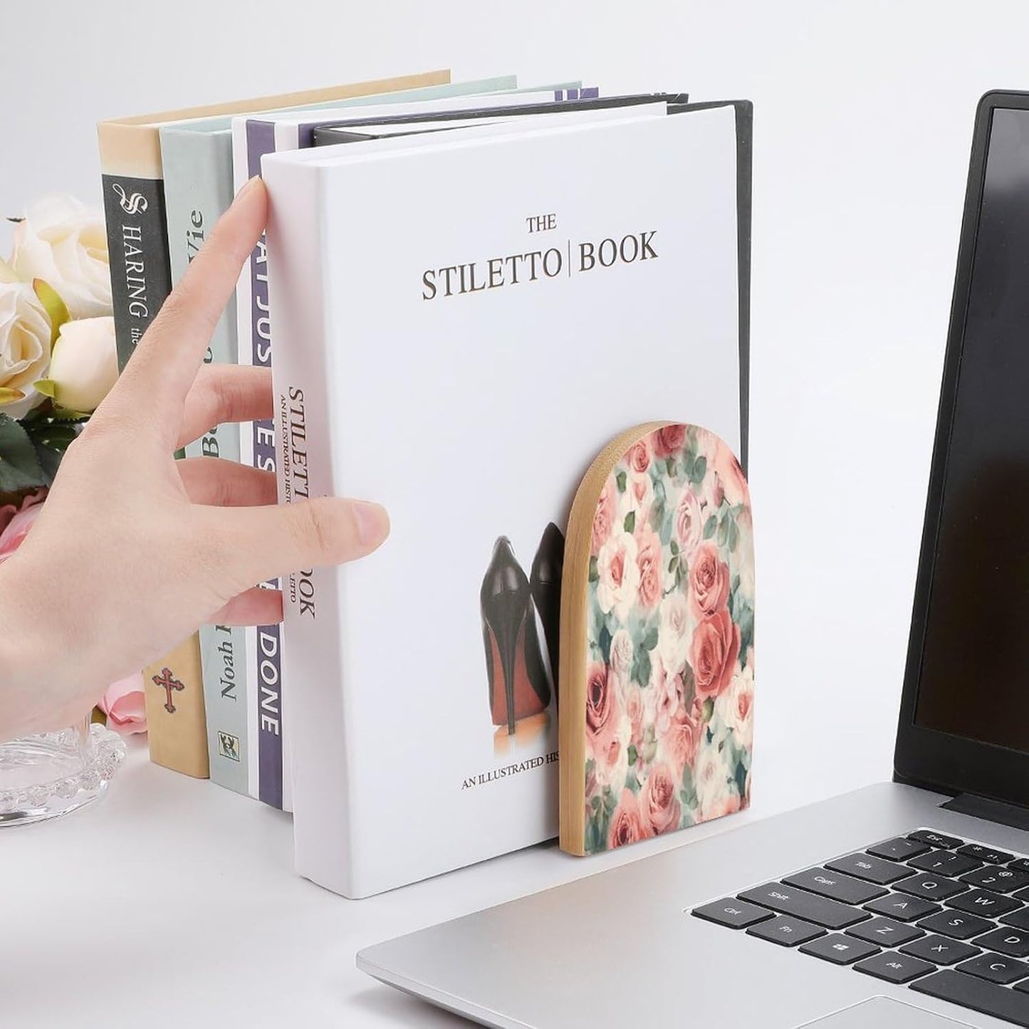 Soft Color Pale Faded Mix of Roses Bookends 1 Pair Heavy Duty Book Ends for Shelves Non-Skid Bookend Supports Wooden Book Holders with Metal Base Desk Organizers Books Storage to Hold Books