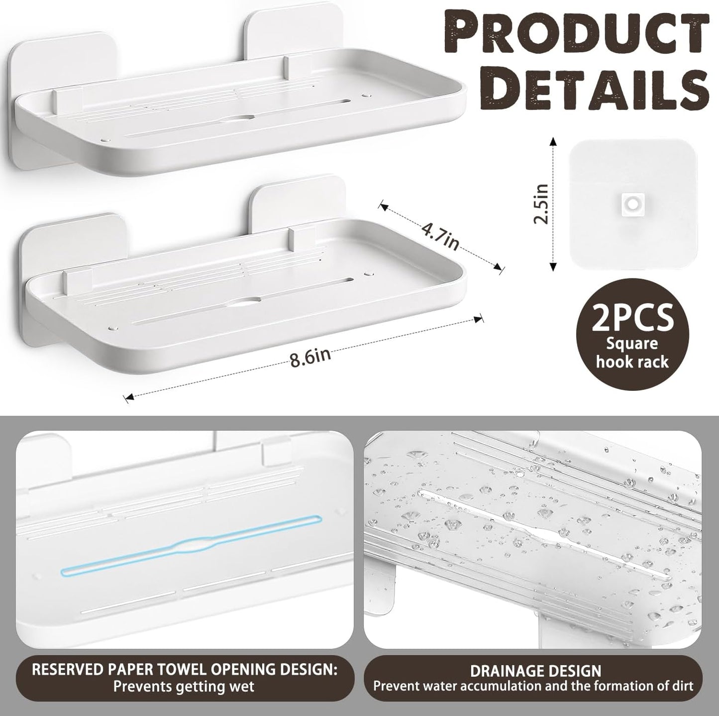 2 Pack Adhesive Floating Shelves No Drill Small Floating Shelf for Wall Storage Damage-Free Wall Mounted Organizer for Bathroom, Kitchen, Bedroom & Office (White)