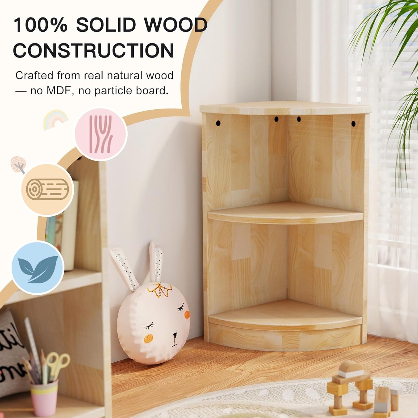 Rubber Wood Corner Cabinet, 2-Tier Kids Montessori Shelf, Toy Storage Organizer and Book Shelf for Playroom, Nursery, Kids Room, Kindergarten