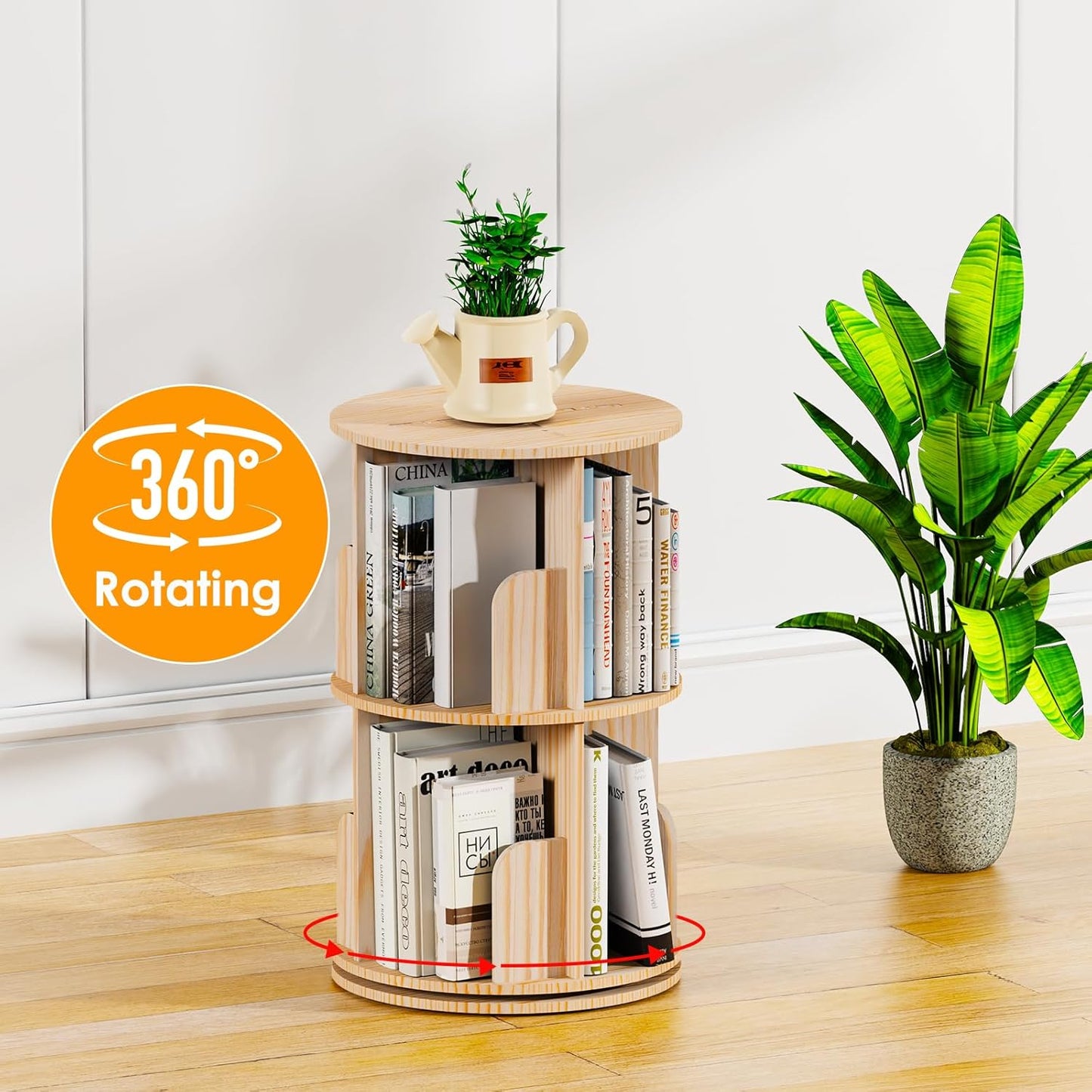 Small Rotating Bookshelf, 2 Tier Revolving Bookcase 360 Display Round Spinning Bookshelf Narrow Swivel Corner Book Shelf Standing Bookcase for Kids Bedroom, Living Room